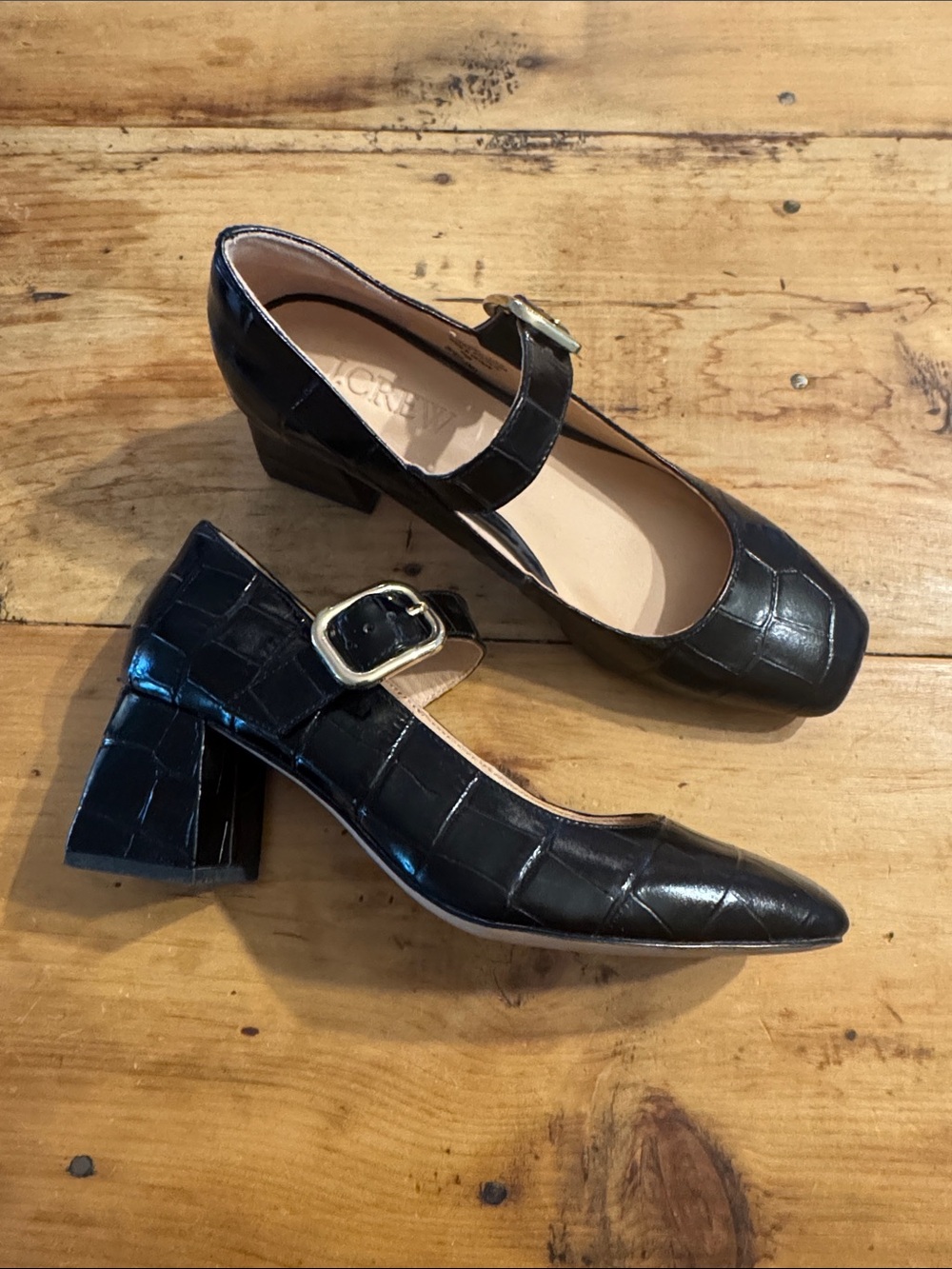 J.Crew Black Croc Embossed Leather Mary Jane Block Heel Pumps Size 7 - Picture 3 of 9